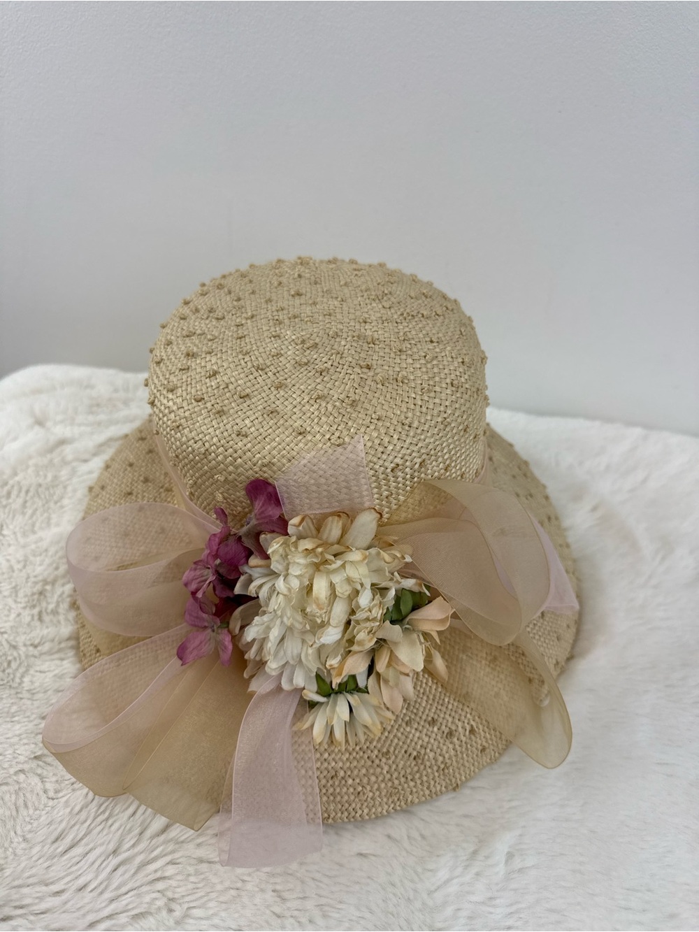 April Cornell Beige Straw Hat with Pink Ribbon and Floral Accent